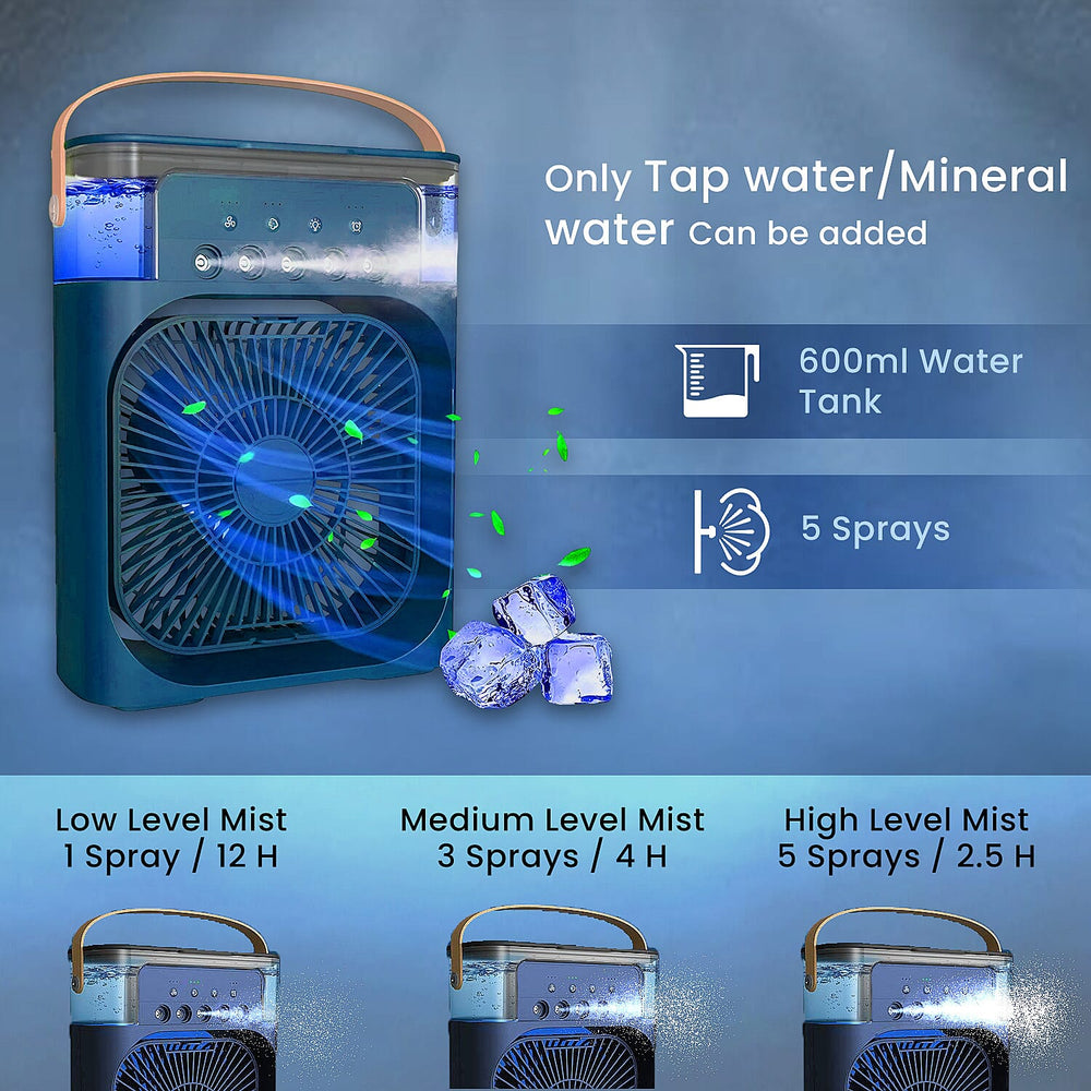 Portable Air Cooler Mist Fan Humidifier With Night Light and 600ML Capacity - Blue