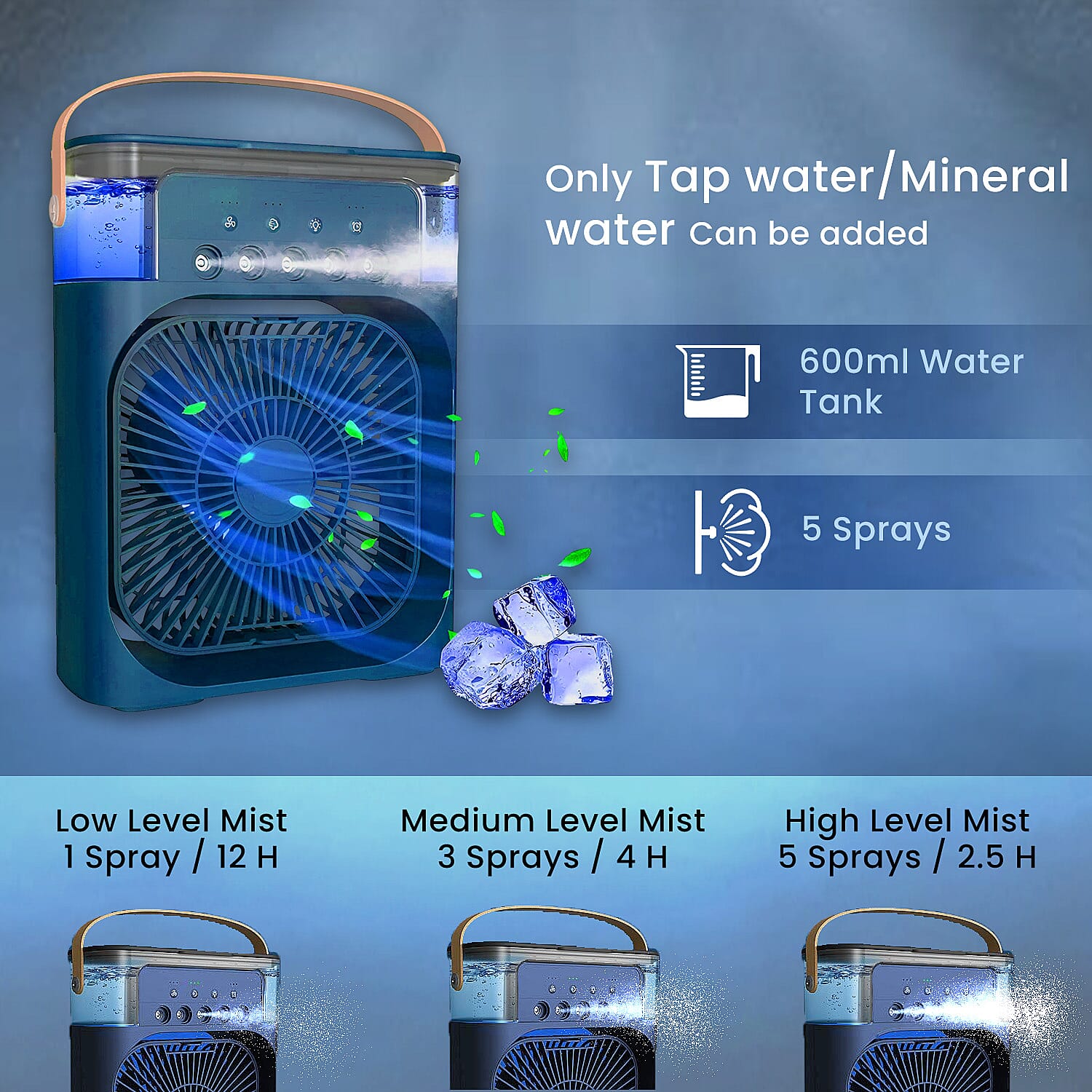 Portable Air Cooler Mist Fan Humidifier With Night Light and 600ML Capacity - Blue