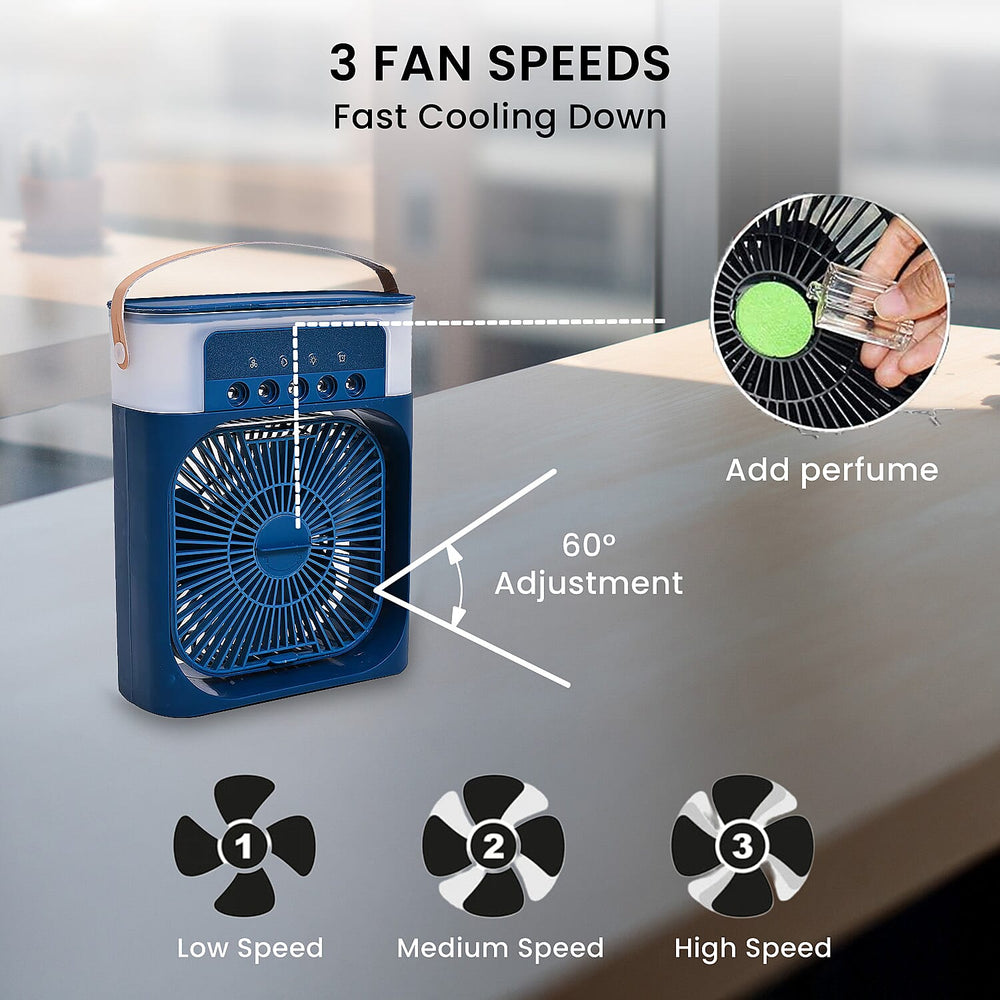 Portable Air Cooler Mist Fan Humidifier With Night Light and 600ML Capacity - Blue