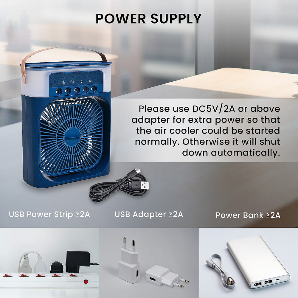 Portable Air Cooler Mist Fan Humidifier With Night Light and 600ML Capacity - Blue