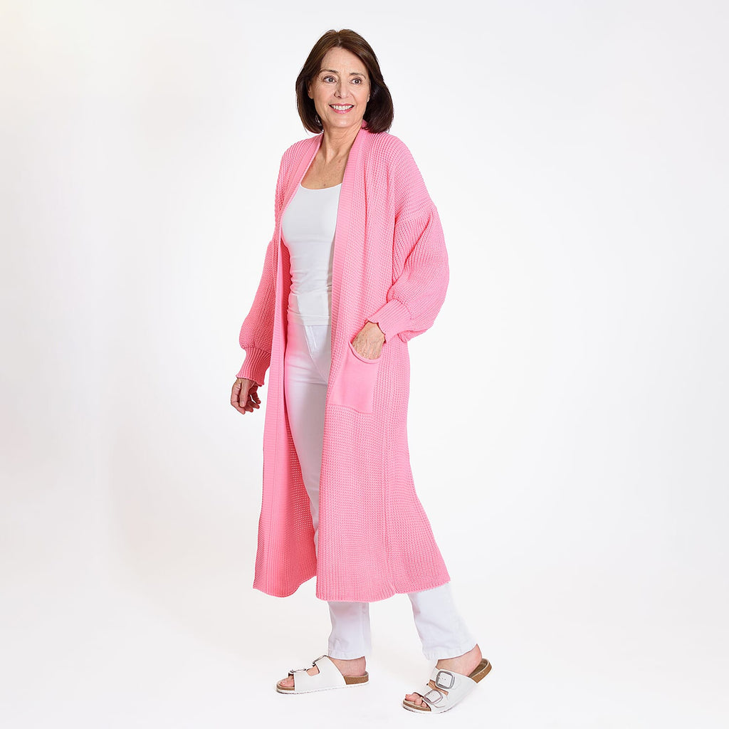 Knitted Long Cardigan with Pockets (Size 8-24) - Paris Pink