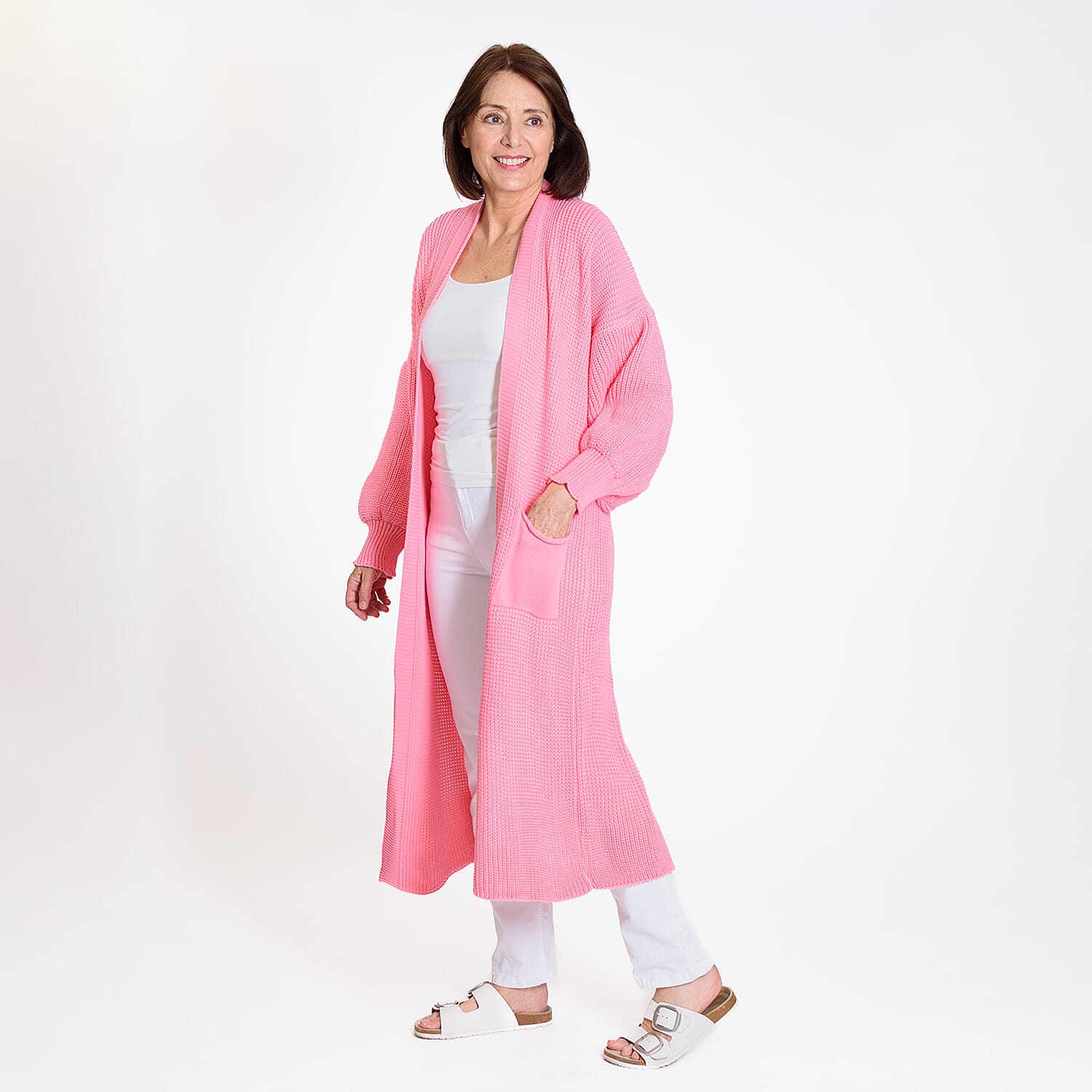 Knitted Long Cardigan with Pockets (Size 8-24) - Paris Pink