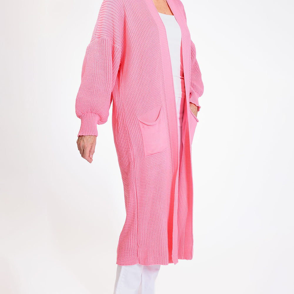 Knitted Long Cardigan with Pockets (Size 8-24) - Paris Pink