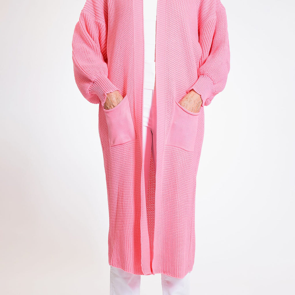 Knitted Long Cardigan with Pockets (Size 8-24) - Paris Pink