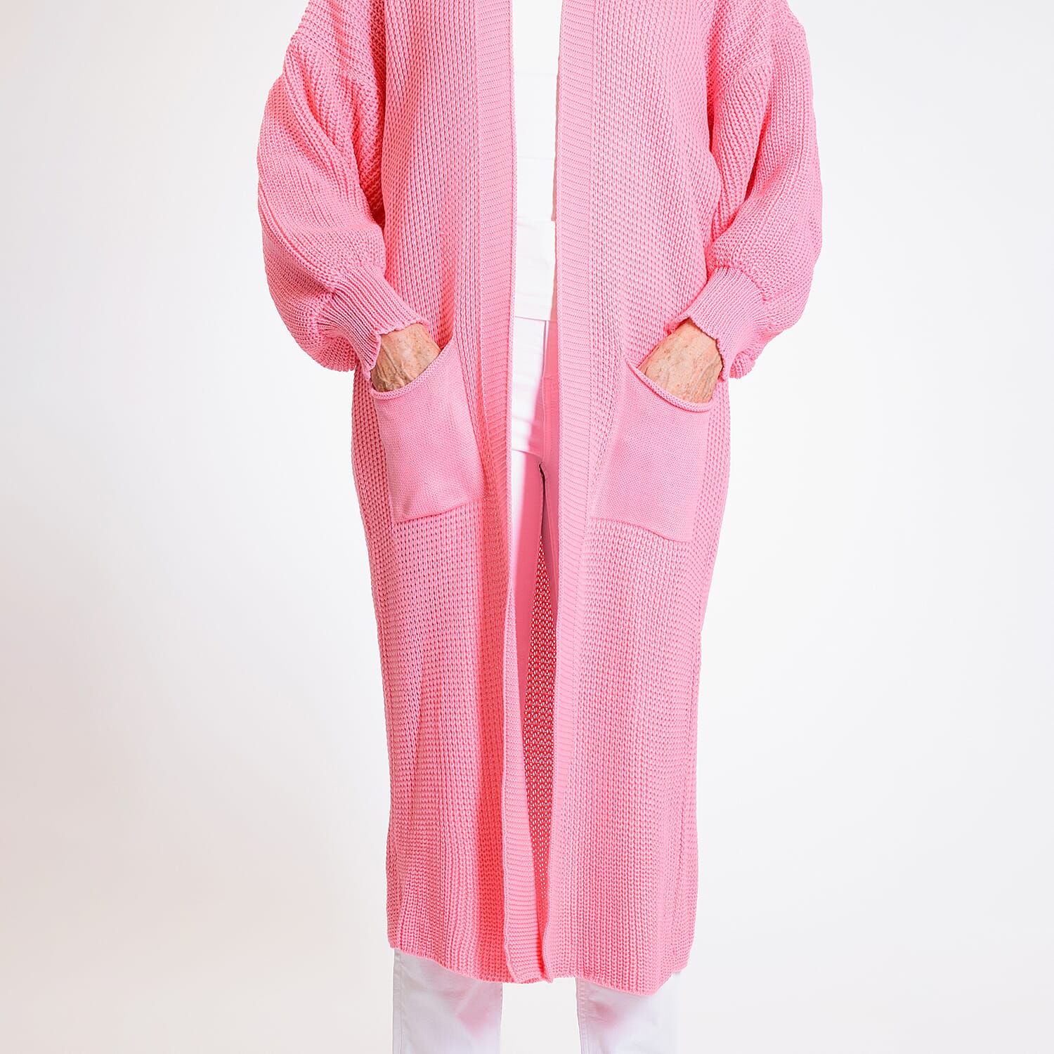 Knitted Long Cardigan with Pockets (Size 8-24) - Paris Pink