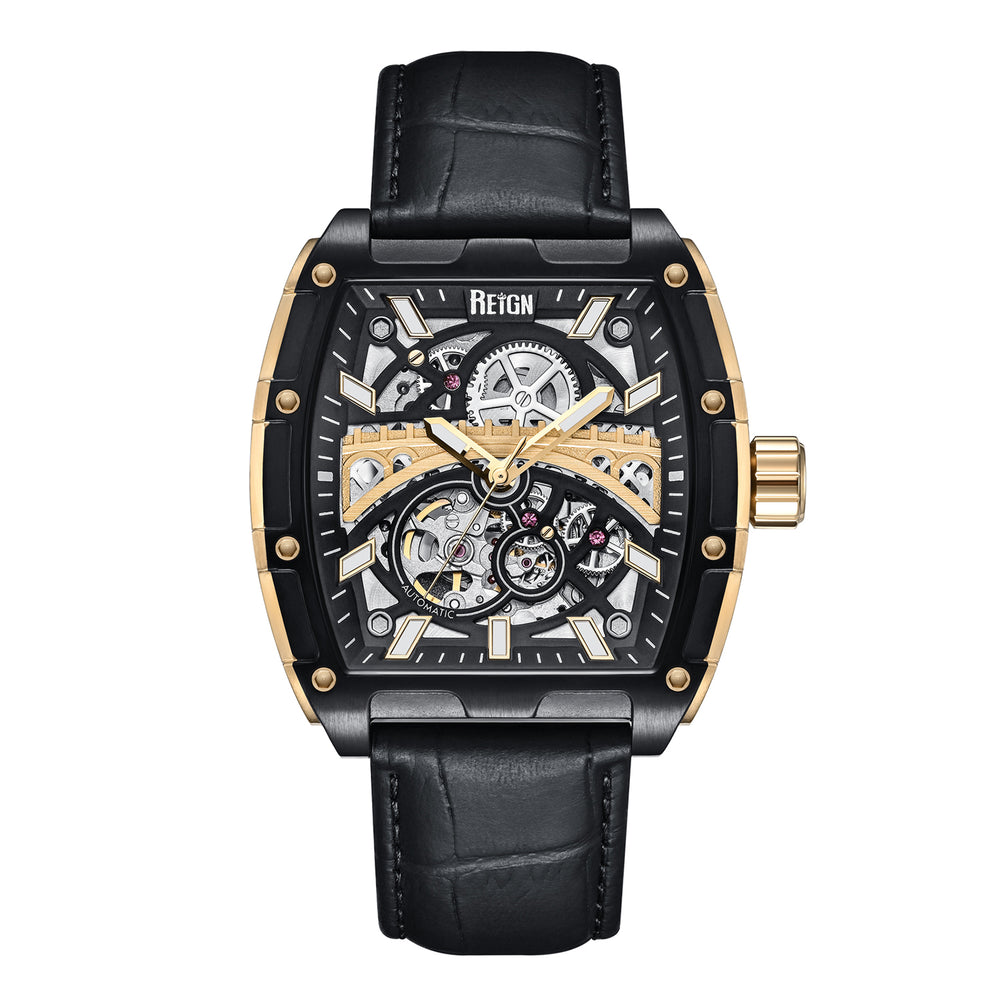 REIGN OLYMPIA Automatic Movt. 10 ATM Water Resistant Watch with Black Genuine Leather Strap in Gold Tone_7754663