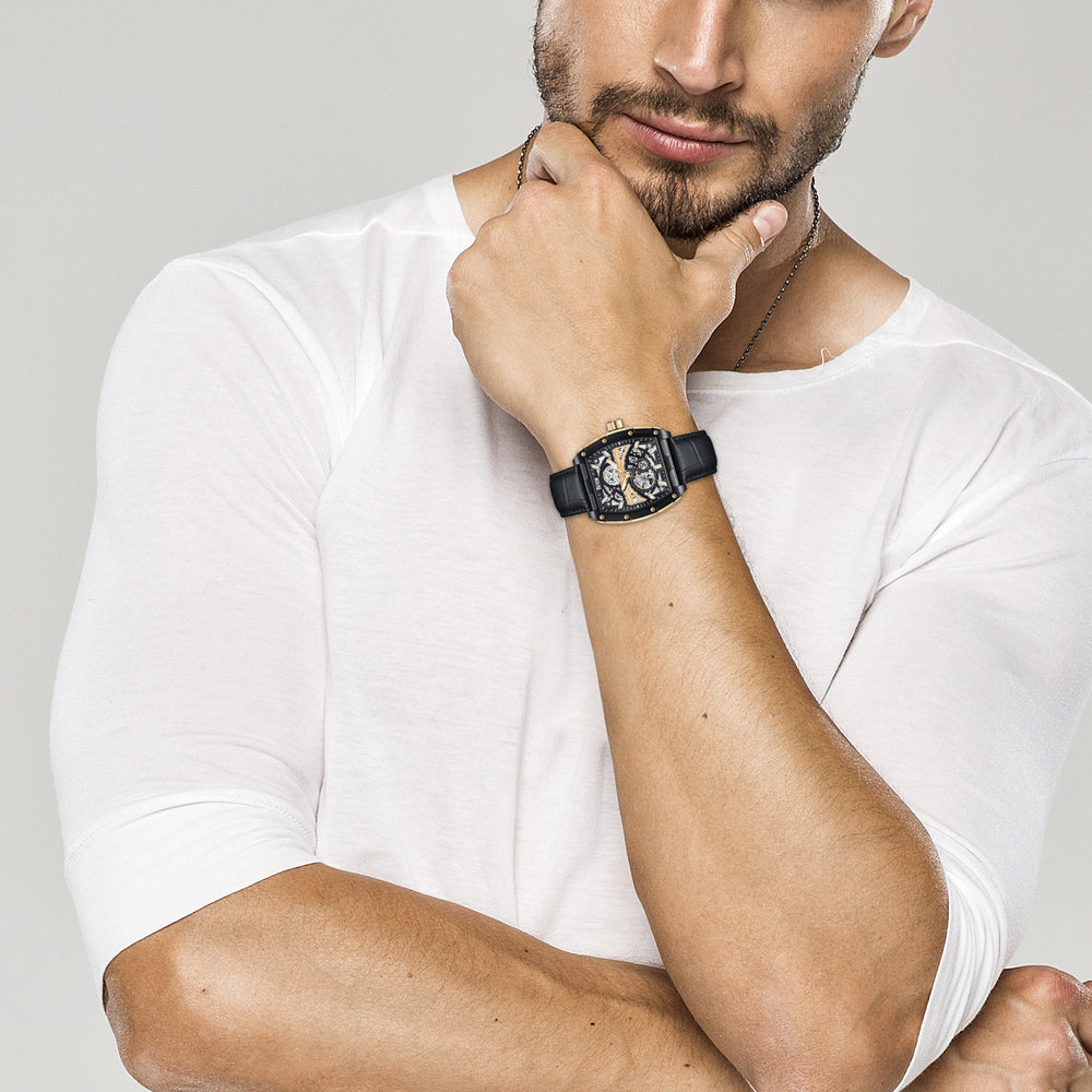 REIGN OLYMPIA Automatic Movt. 10 ATM Water Resistant Watch with Black Genuine Leather Strap in Gold Tone_7754663_1