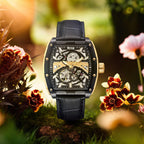 REIGN OLYMPIA Automatic Movt. 10 ATM Water Resistant Watch with Black Genuine Leather Strap in Gold Tone_7754663_2