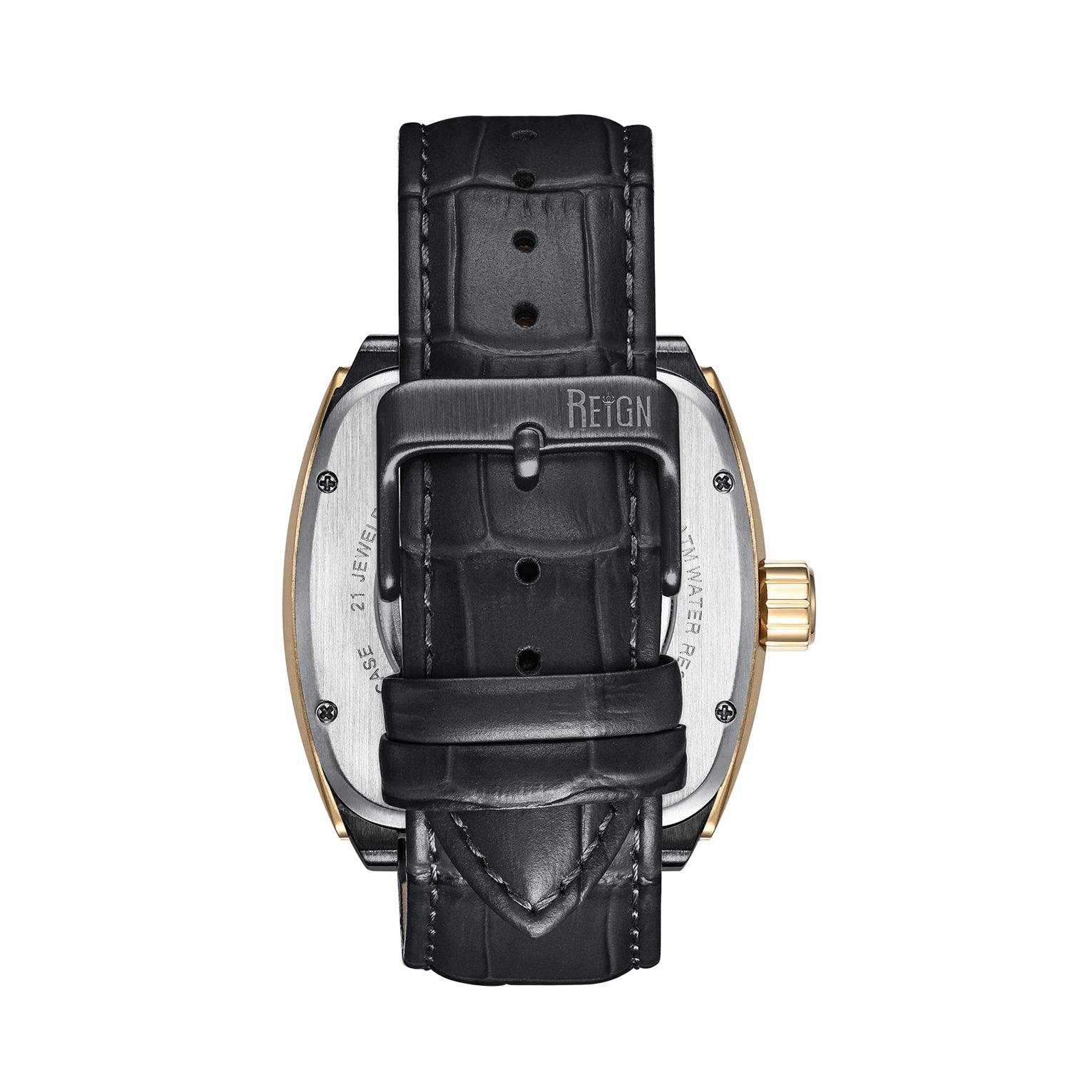 REIGN OLYMPIA Automatic Movt. 10 ATM Water Resistant Watch with Black Genuine Leather Strap in Gold Tone_7754663_4