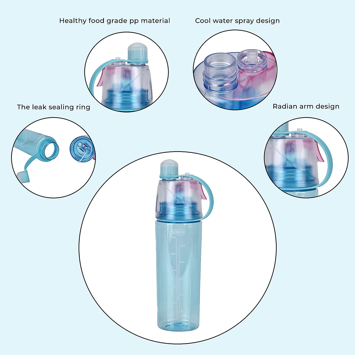 Set of 2 Fog Spraying Sports Water Bottle 600ml - Black & Blue