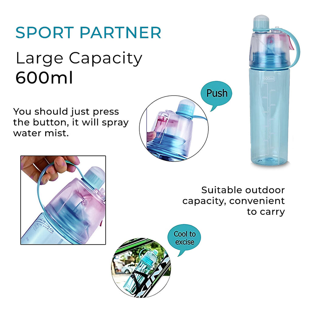 Set of 2 Fog Spraying Sports Water Bottle 600ml - Black & Blue