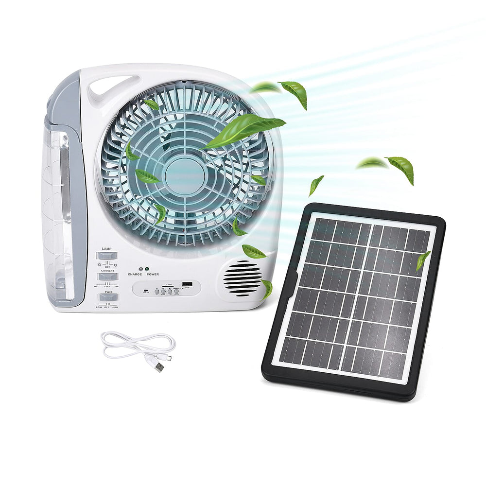 THE MULTIFUNCTIONAL GADGET SALE 2025- Rechargeable 6 in 1 Solar Fan (Inc. FM Radio, Bluetooth, MP3 Player - Many More) - White - Grey