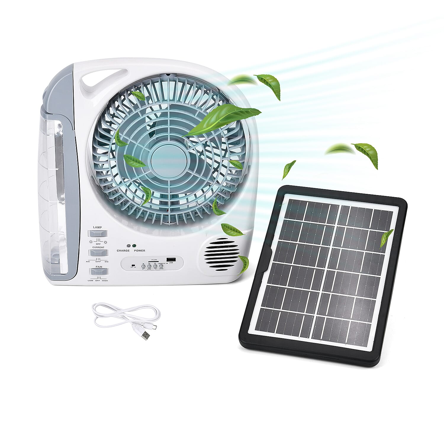 THE MULTIFUNCTIONAL GADGET SALE 2025- Rechargeable 6 in 1 Solar Fan (Inc. FM Radio, Bluetooth, MP3 Player - Many More) - White - Grey