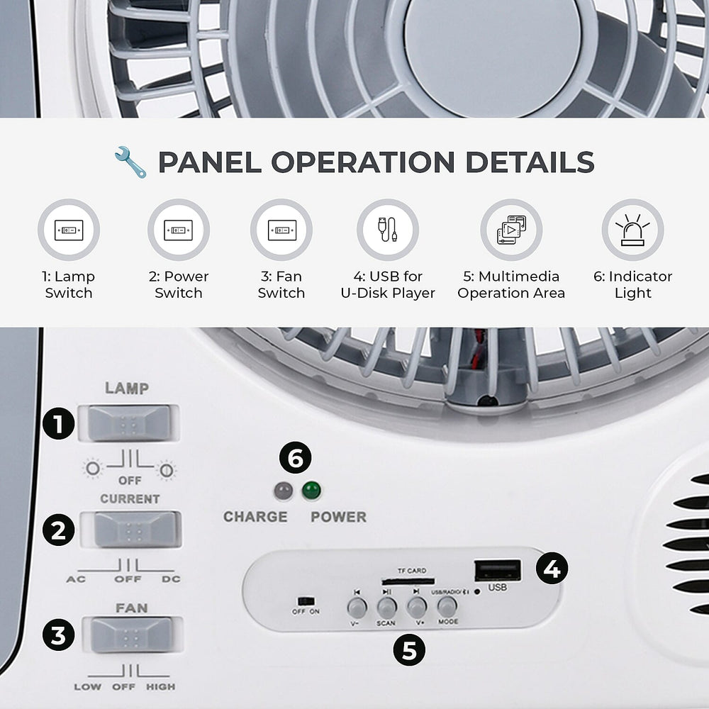 THE MULTIFUNCTIONAL GADGET SALE 2025- Rechargeable 6 in 1 Solar Fan (Inc. FM Radio, Bluetooth, MP3 Player - Many More) - White - Grey