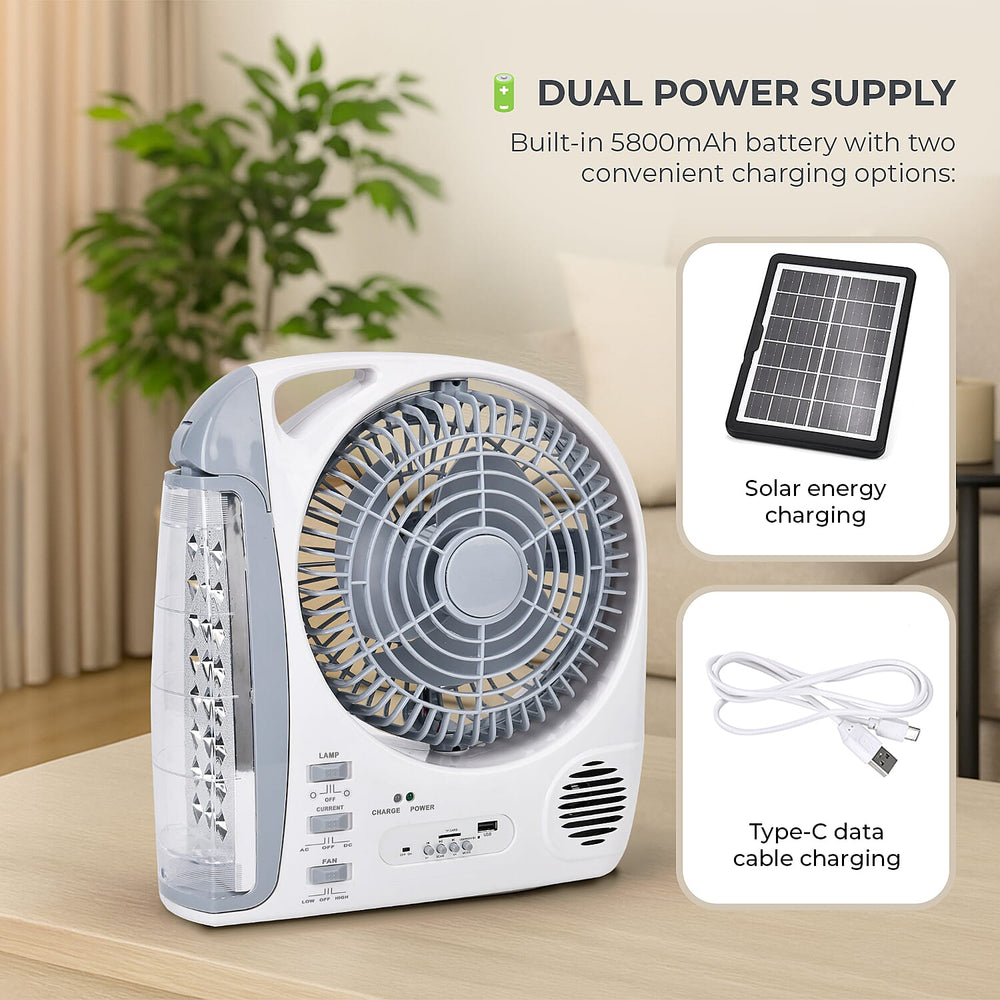 THE MULTIFUNCTIONAL GADGET SALE 2025- Rechargeable 6 in 1 Solar Fan (Inc. FM Radio, Bluetooth, MP3 Player - Many More) - White - Grey