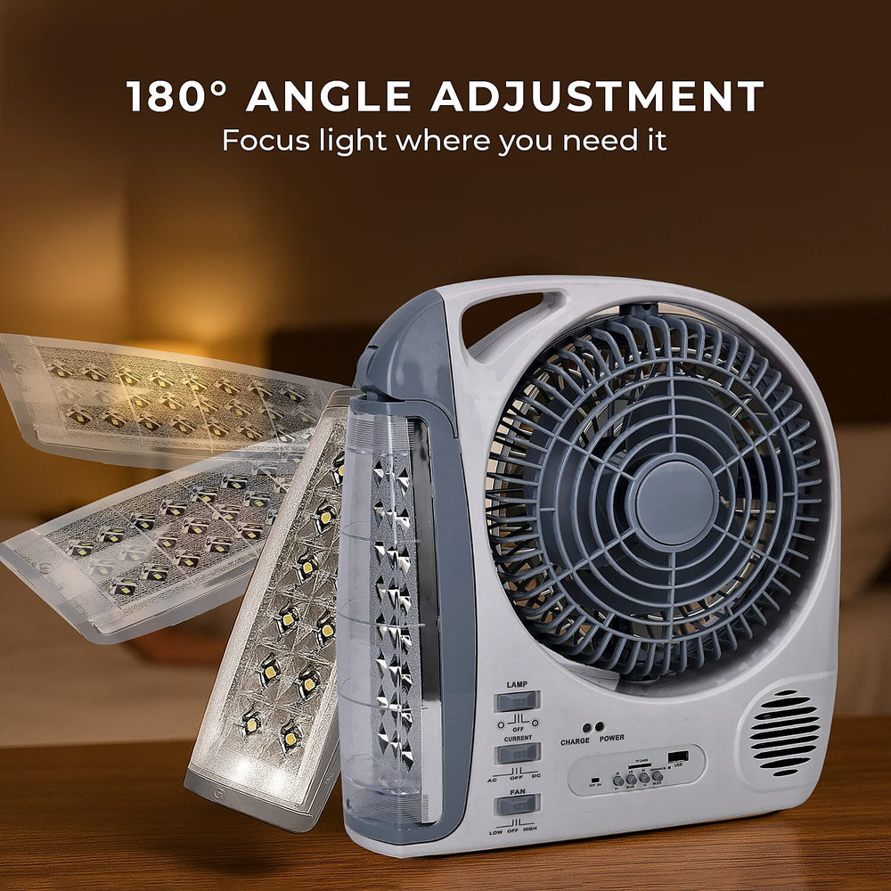 THE MULTIFUNCTIONAL GADGET SALE 2025- Rechargeable 6 in 1 Solar Fan (Inc. FM Radio, Bluetooth, MP3 Player - Many More) - White - Grey