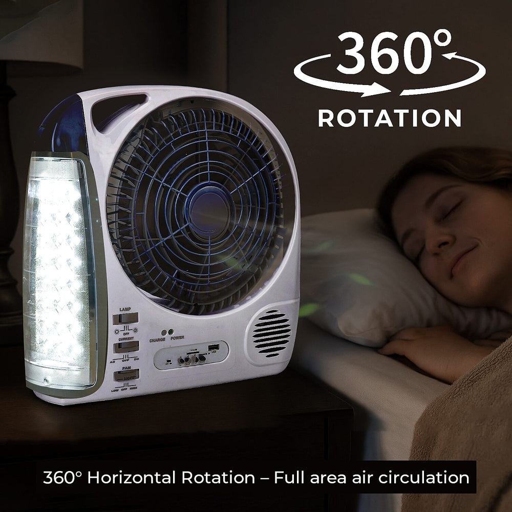 THE MULTIFUNCTIONAL GADGET SALE 2025- Rechargeable 6 in 1 Solar Fan (Inc. FM Radio, Bluetooth, MP3 Player - Many More) - White - Grey