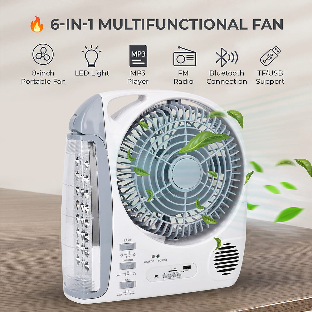 THE MULTIFUNCTIONAL GADGET SALE 2025- Rechargeable 6 in 1 Solar Fan (Inc. FM Radio, Bluetooth, MP3 Player - Many More) - White - Grey