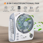 THE MULTIFUNCTIONAL GADGET SALE 2025- Rechargeable 6 in 1 Solar Fan (Inc. FM Radio, Bluetooth, MP3 Player - Many More) - White - Grey