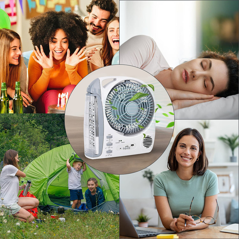 THE MULTIFUNCTIONAL GADGET SALE 2025- Rechargeable 6 in 1 Solar Fan (Inc. FM Radio, Bluetooth, MP3 Player - Many More) - White - Grey