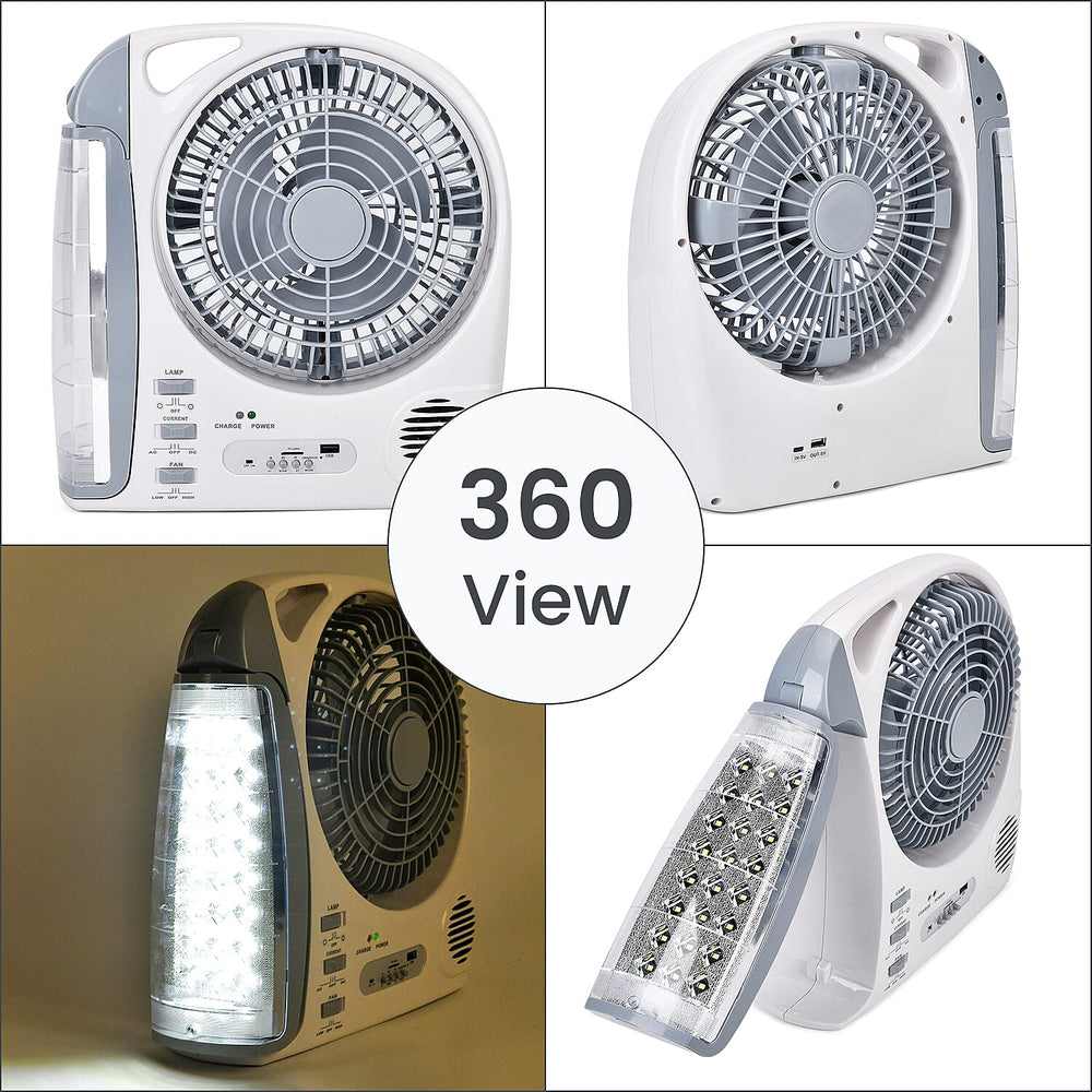 THE MULTIFUNCTIONAL GADGET SALE 2025- Rechargeable 6 in 1 Solar Fan (Inc. FM Radio, Bluetooth, MP3 Player - Many More) - White - Grey