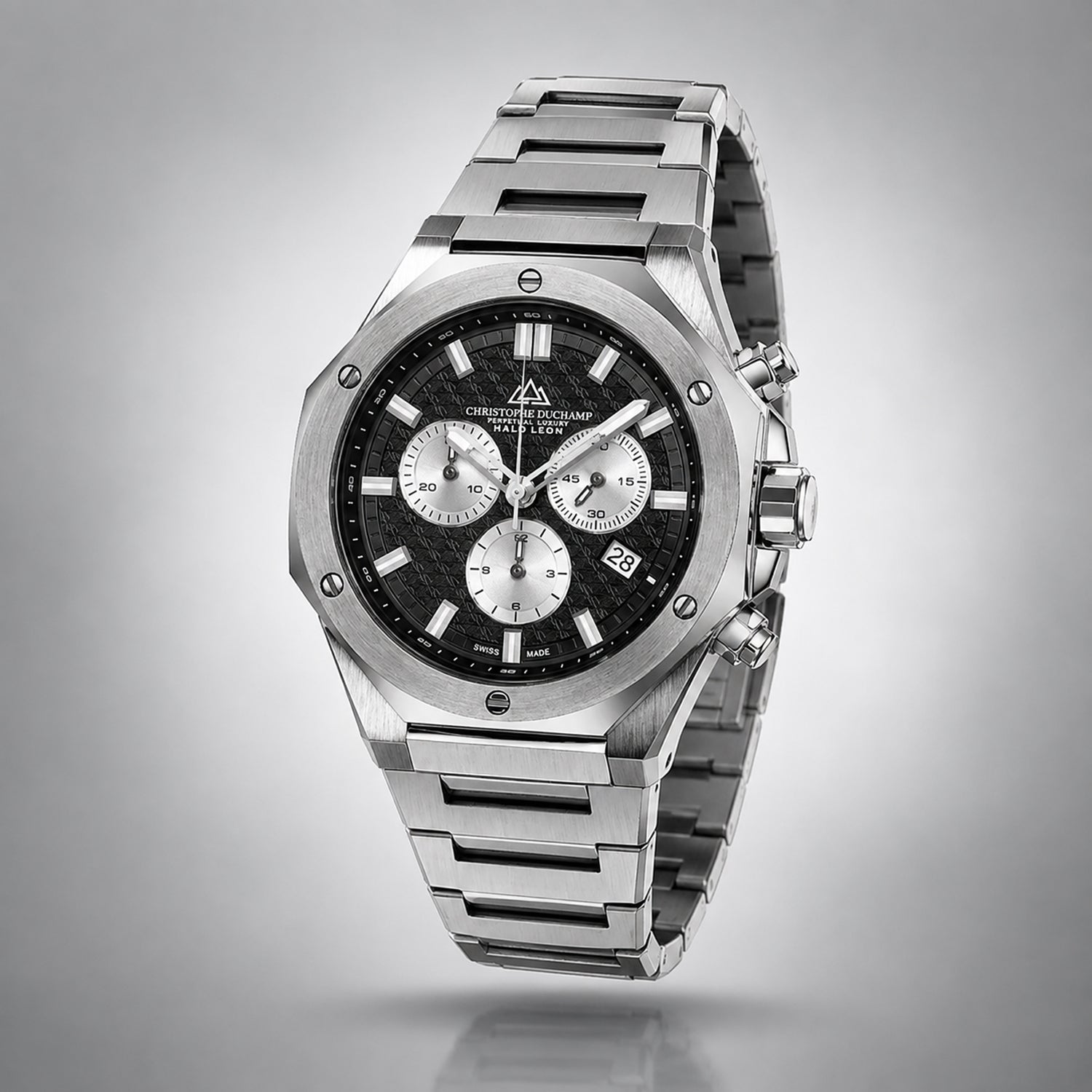 Christophe Duchamp Raidillon Chrono Swiss Quartz Movt. Black Dial 10 ATM WR Mens Watch with Stainless Steel Silver Chain Strap_7762766