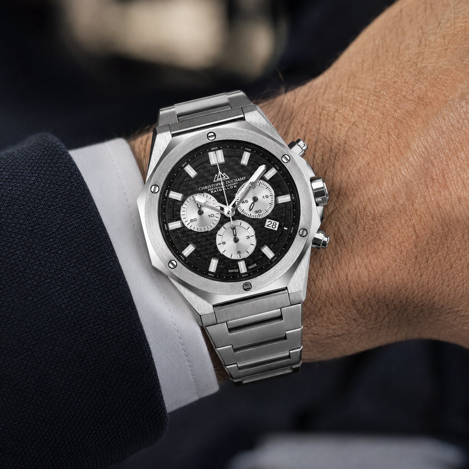 Christophe Duchamp Raidillon Chrono Swiss Quartz Movt. Black Dial 10 ATM WR Mens Watch with Stainless Steel Silver Chain Strap_7762766_1