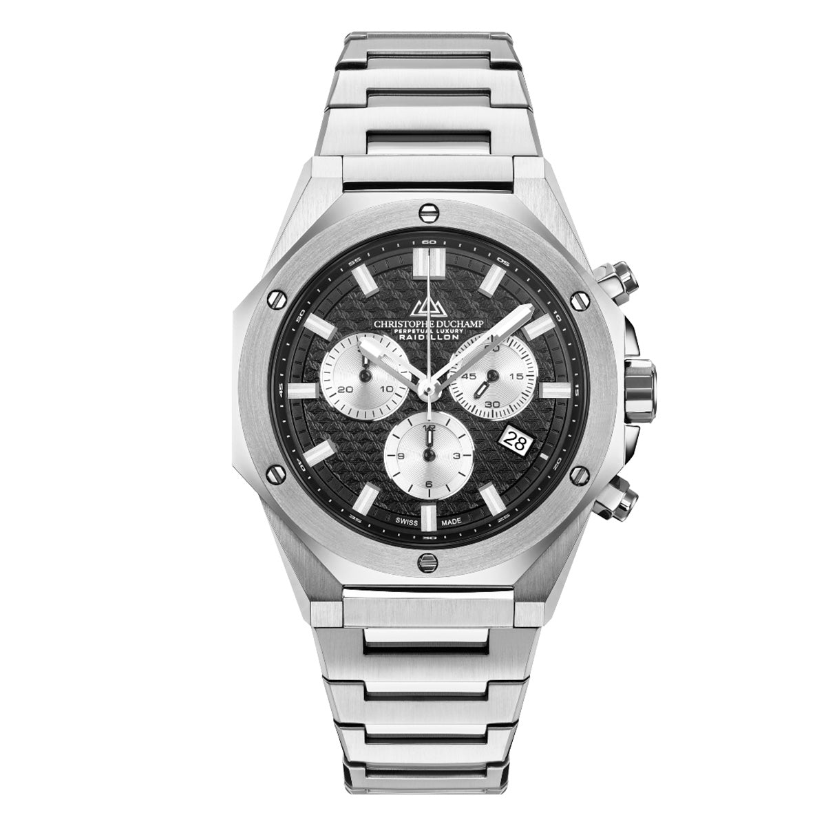 Christophe Duchamp Raidillon Chrono Swiss Quartz Movt. Black Dial 10 ATM WR Mens Watch with Stainless Steel Silver Chain Strap_7762766_2