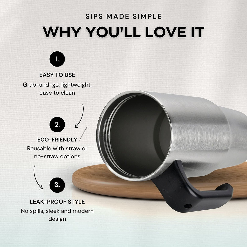 Stainless Steel Tumbler with Straw, Ergonomic Handle & Leak-Proof Lid - 850ml