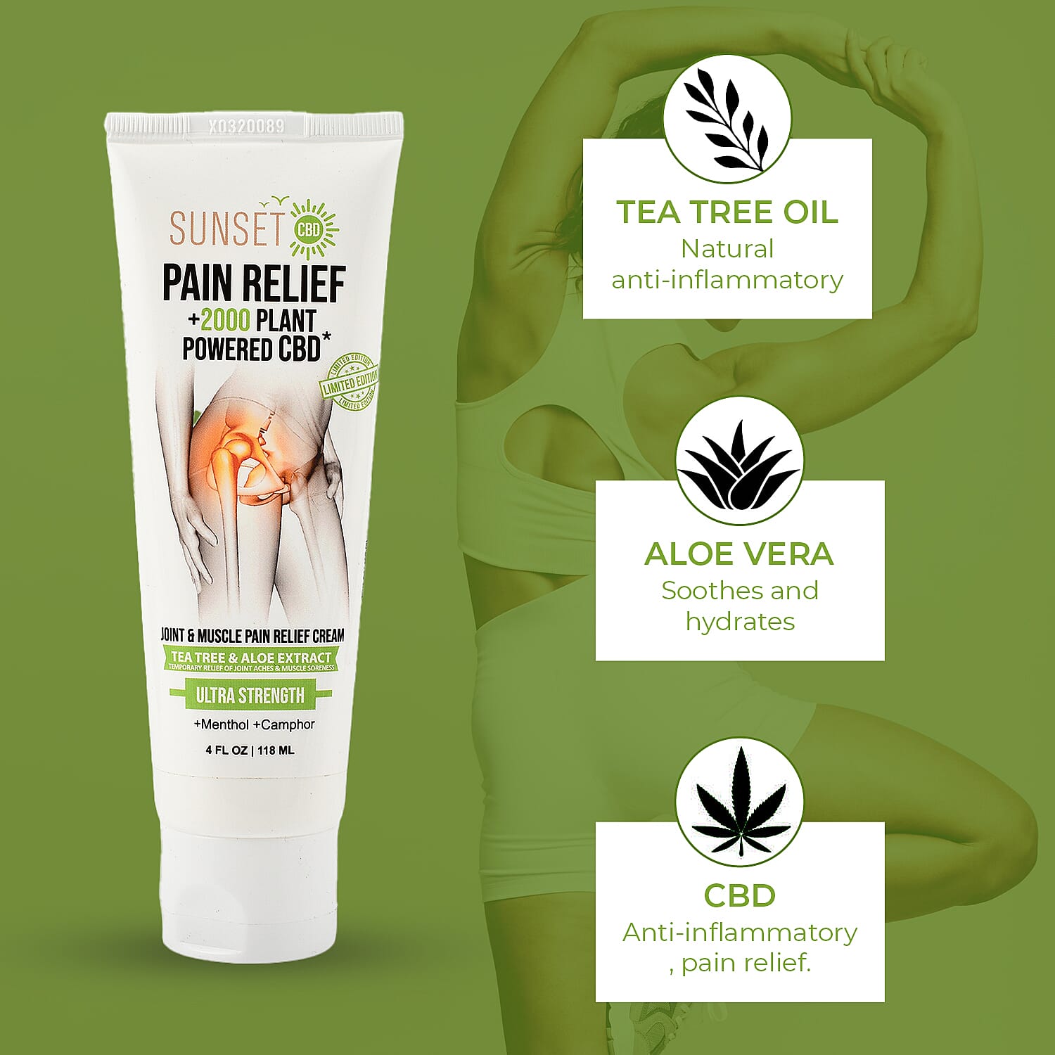Sunset Pain Relief 2000mg ULTRA STRENGTH Joint & Muscle Pain Relief (Menthol + Camphor)