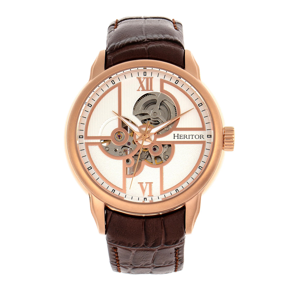 HERITOR Sanford Automatic Movt. 5ATM Water Resistance White Dial Mens Watch with Brown Leather Strap_7783095