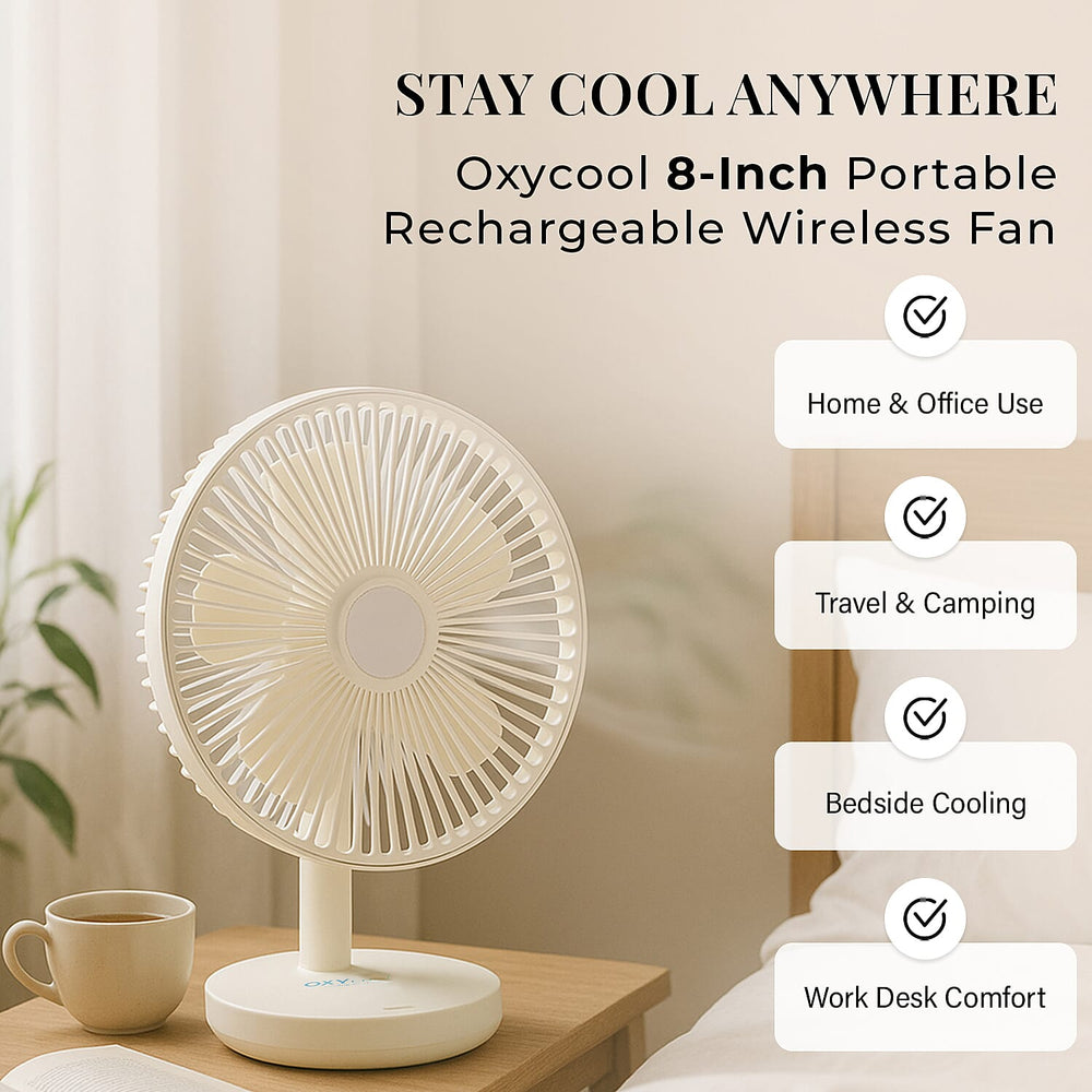 Oxycool 8 Inch Portable Rechargeable Wireless Fan - White