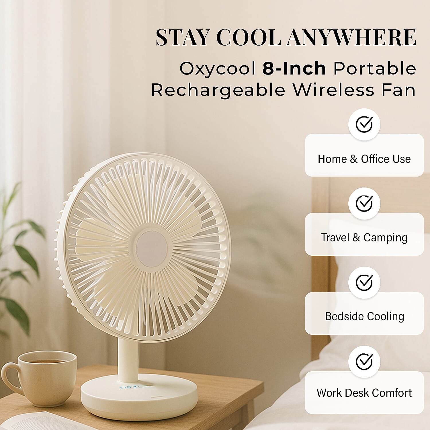 Oxycool 8 Inch Portable Rechargeable Wireless Fan - White