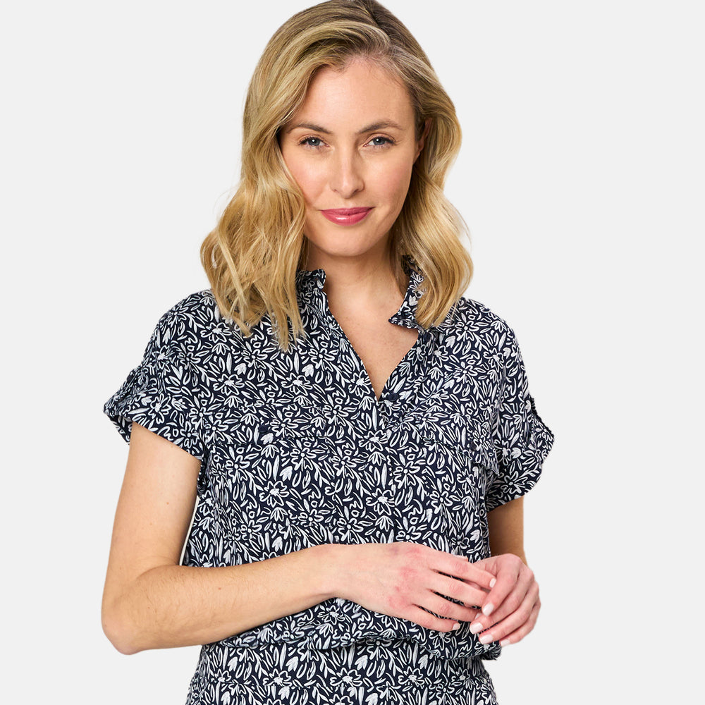 Emreco 100% Viscose Roll Sleeve Relaxed Fit Print Blouse (Size 18) - Navy_7792904