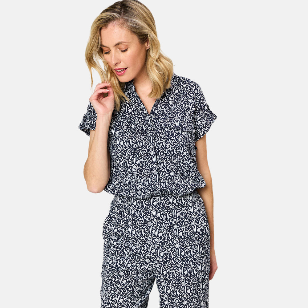 Emreco 100% Viscose Roll Sleeve Relaxed Fit Print Blouse (Size 18) - Navy_7792904_2