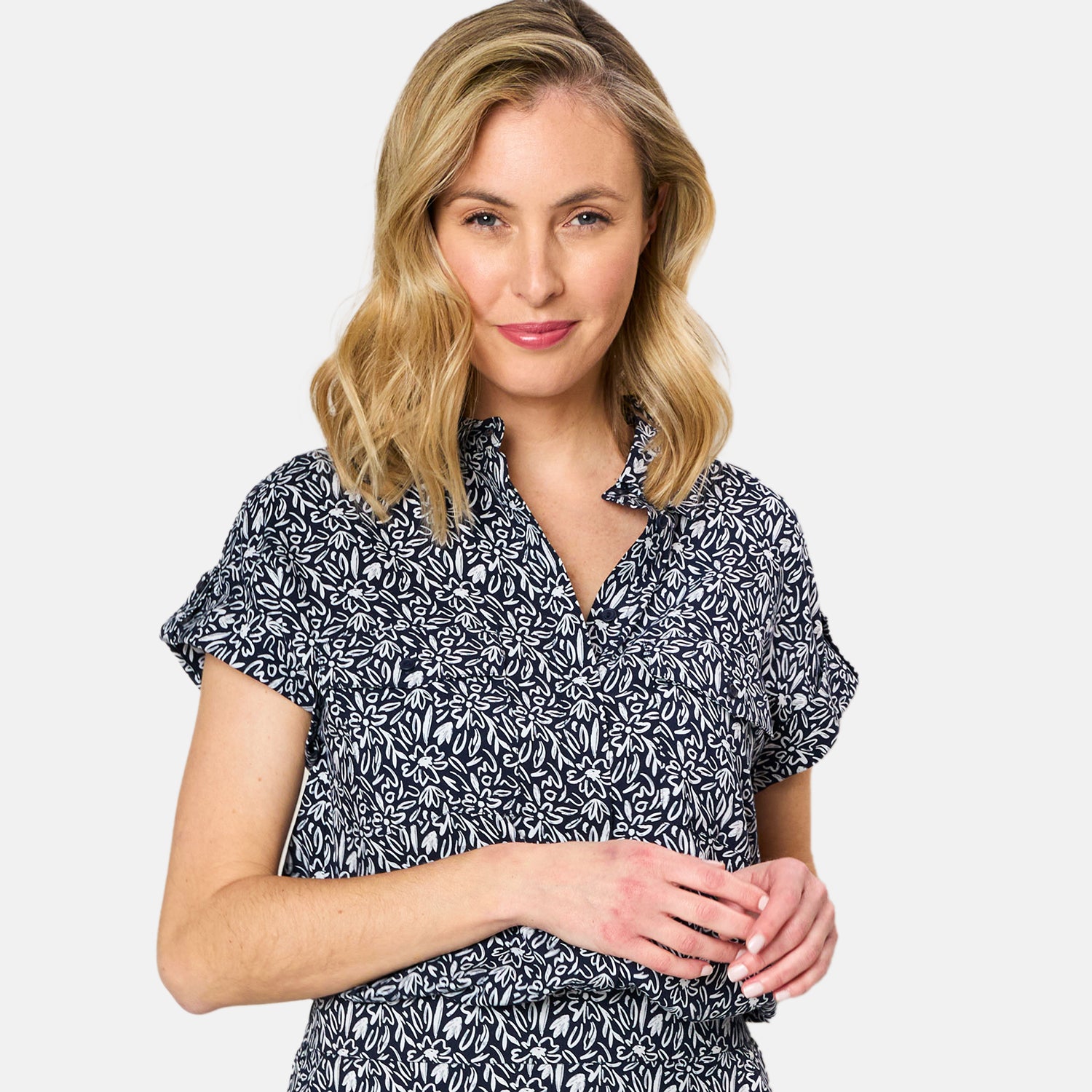 Emreco 100% Viscose Roll Sleeve Relaxed Fit Print Blouse (Size 20) - Navy_7792905