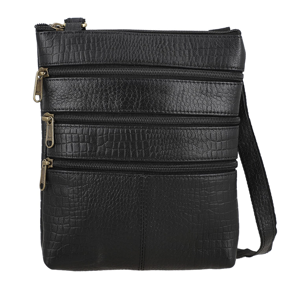 100% Genuine Leather Croco Embossed Crossbody Bag With Shoulder Strap - Black