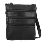 100% Genuine Leather Croco Embossed Crossbody Bag With Shoulder Strap - Black