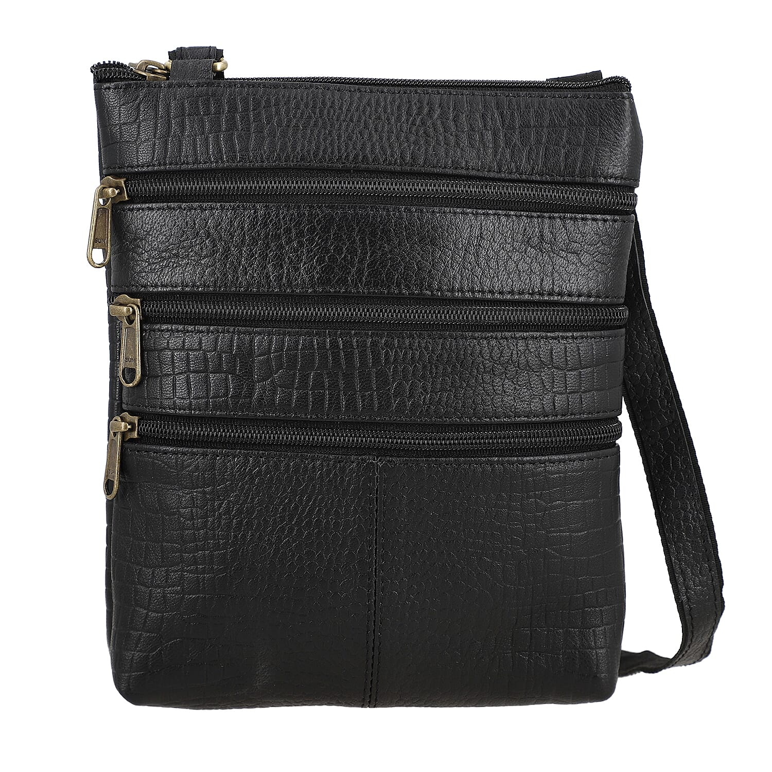 100% Genuine Leather Croco Embossed Crossbody Bag With Shoulder Strap - Black