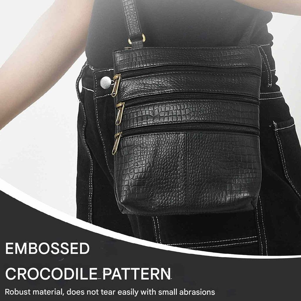 100% Genuine Leather Croco Embossed Crossbody Bag With Shoulder Strap - Black