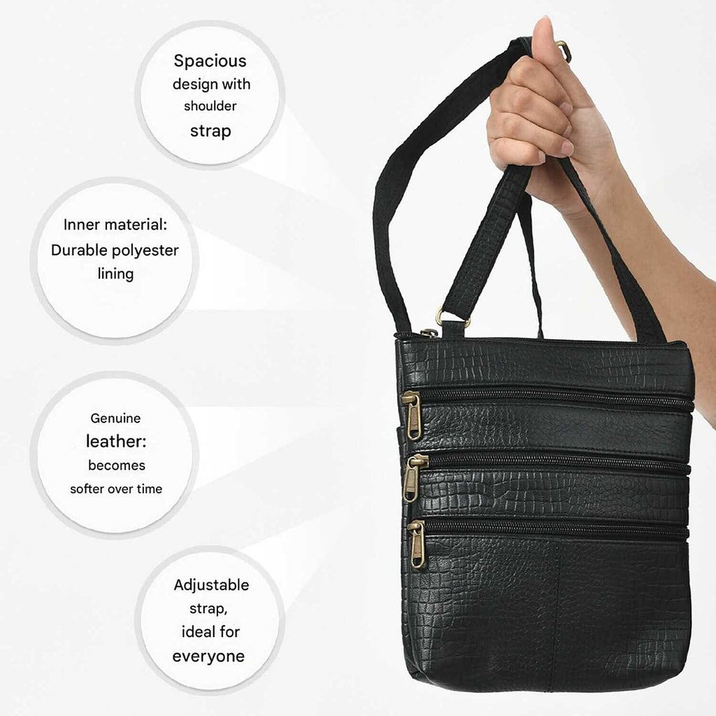 100% Genuine Leather Croco Embossed Crossbody Bag With Shoulder Strap - Black