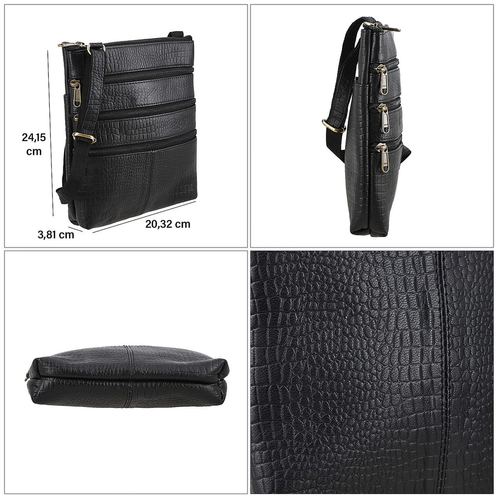 100% Genuine Leather Croco Embossed Crossbody Bag With Shoulder Strap - Black