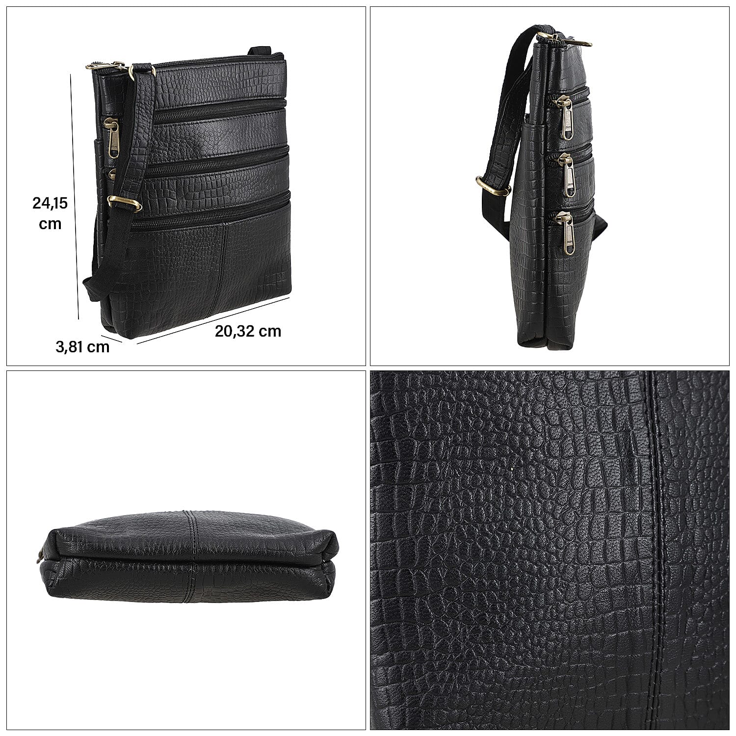 100% Genuine Leather Croco Embossed Crossbody Bag With Shoulder Strap - Black