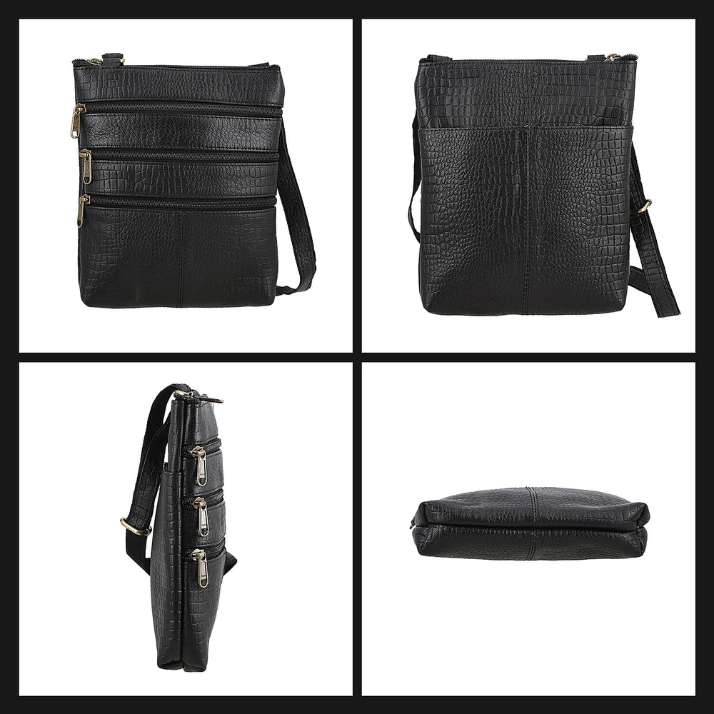 100% Genuine Leather Croco Embossed Crossbody Bag With Shoulder Strap - Black