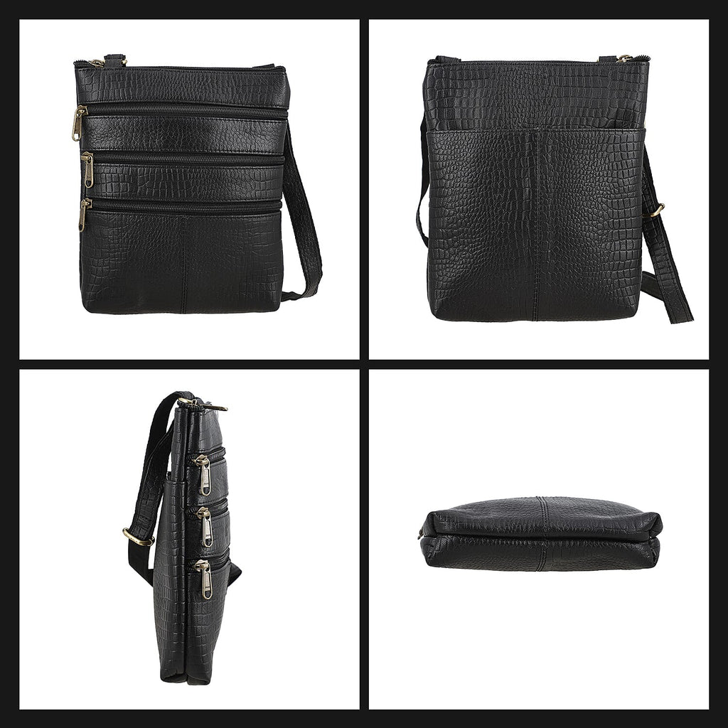 100% Genuine Leather Croco Embossed Crossbody Bag With Shoulder Strap - Black
