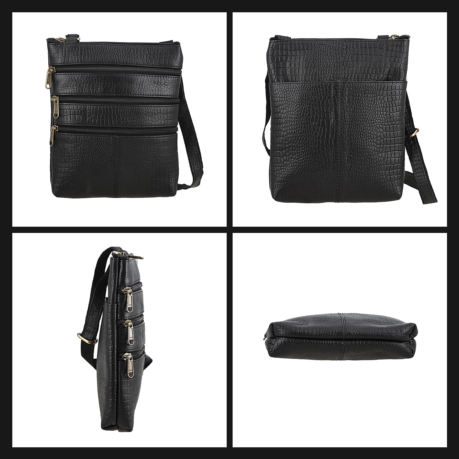 100% Genuine Leather Croco Embossed Crossbody Bag With Shoulder Strap - Black