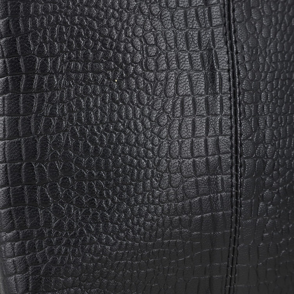 100% Genuine Leather Croco Embossed Crossbody Bag With Shoulder Strap - Black
