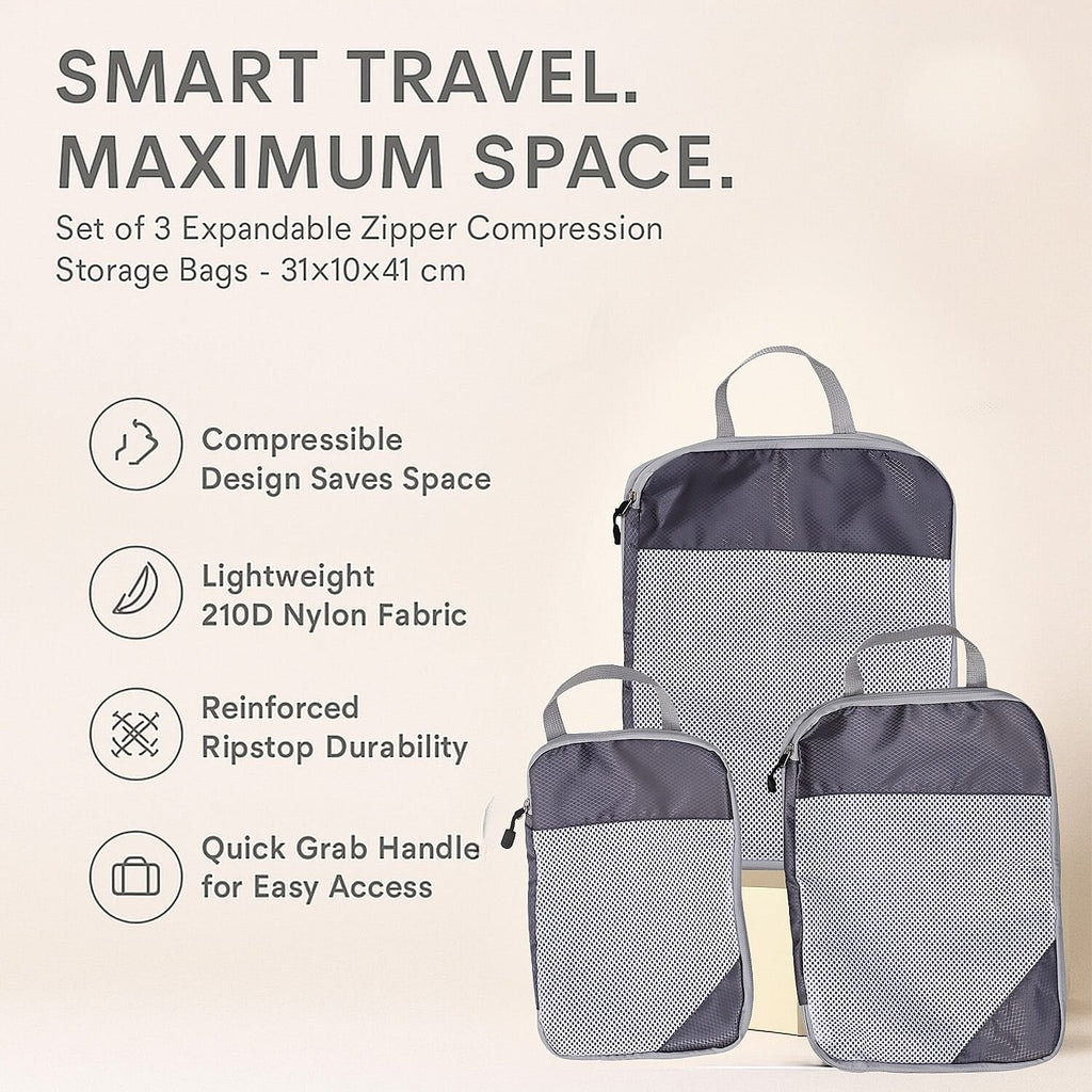 Set of 3 Expandable-Zipper Compression Storage Bags- ,Multifunctional Travel Organiser, Saves Space  (Size 31x10x41 cm) - Grey