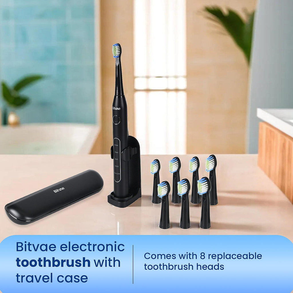 Bitvae Sonic Electirc Toothbrush With 8 Heads - Travel Case, 5 Brushing Modes - Smart Timer - Black
