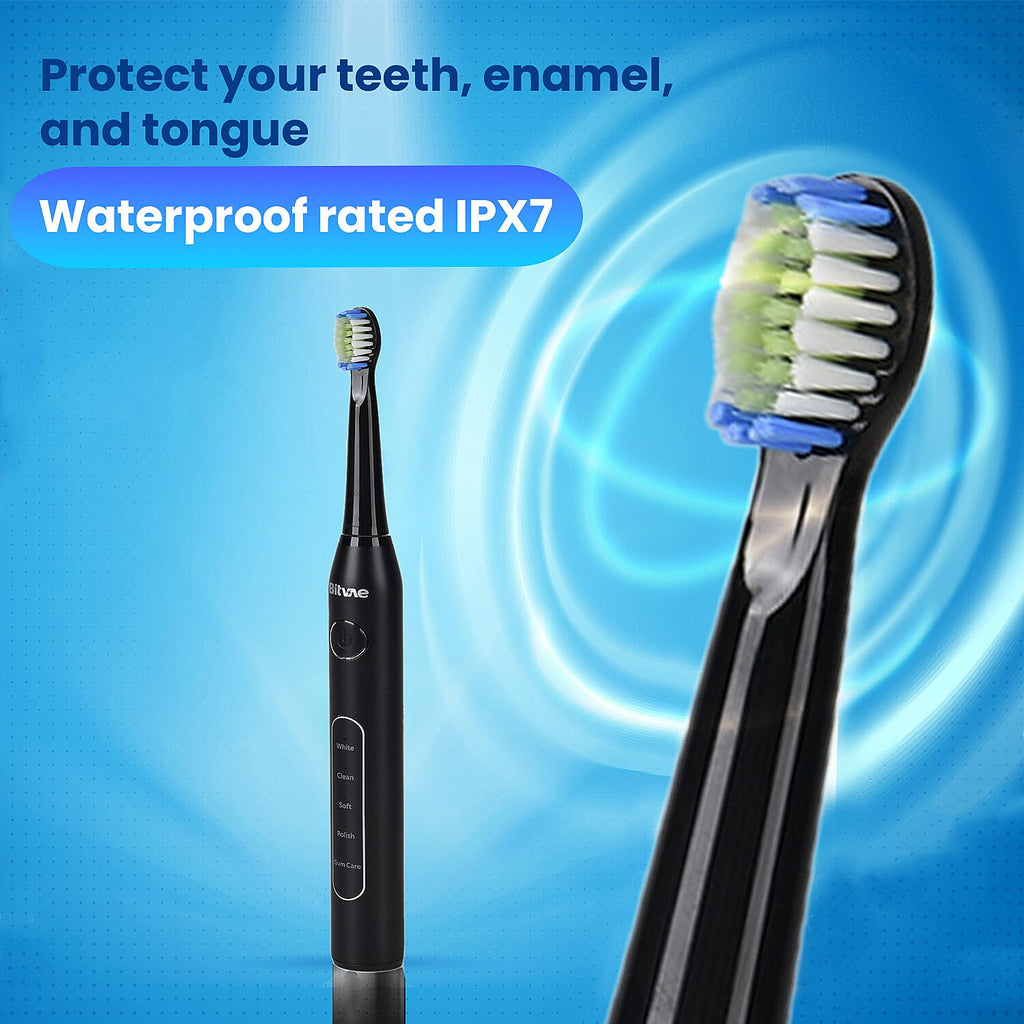 Bitvae Sonic Electirc Toothbrush With 8 Heads - Travel Case, 5 Brushing Modes - Smart Timer - Black